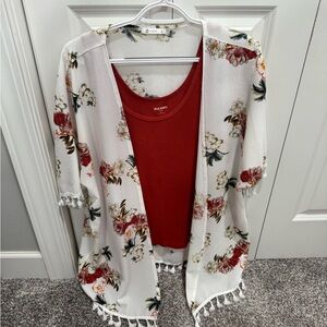 Cupshe Floral Kimono Cardigan with Red Tank Top